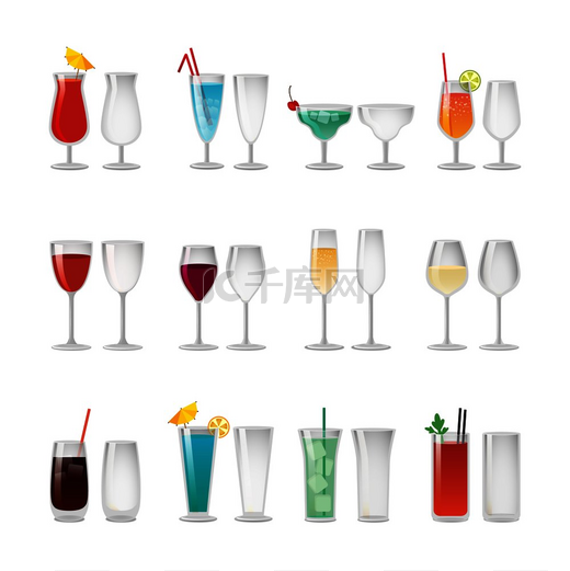 空杯子，满是红酒或蓝酒，鸡尾酒配冰块，彩色吸管，美味水果或香草，还有小雨伞矢量插图集。带酒和鸡尾酒插图集的玻璃杯图片