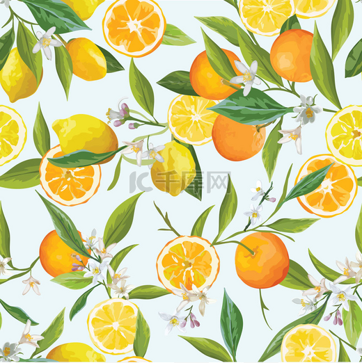 橙和柠檬无缝热带模式向量中。花、 叶和果实的插图.图片