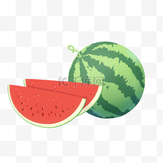 夏天切开的西瓜新鲜水果立夏清凉绿色卡通手绘红色图片