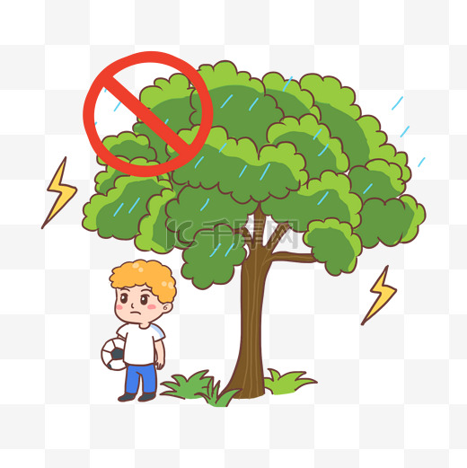 雷电禁止在树下避雨手绘卡通元素图片