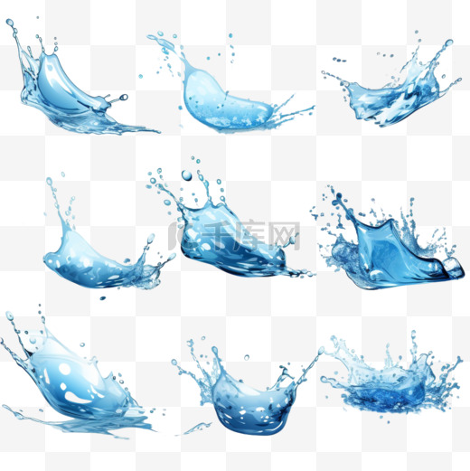 水花飞溅蓝色的液体波浪带着漩涡和水滴图片