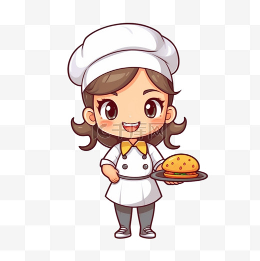 身穿制服的可爱厨师女孩手持特纳餐厅标志卡通艺术插图图片