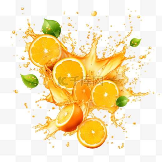 橙汁、柠檬汁或油飞溅，黄色液体饮料滴满水滴。用于广告或包装设计的水果饮料元素。清新的水花和流动的喷射，水滴逼真的3D布景图片