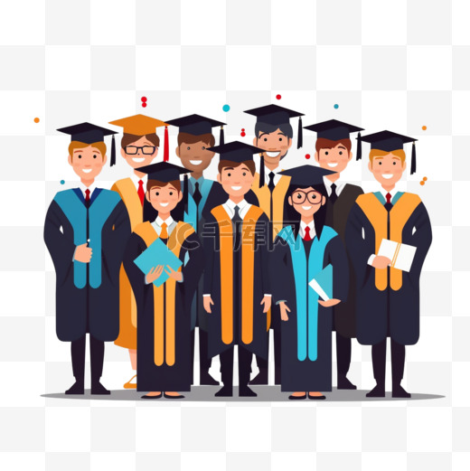 一群快乐的毕业生，穿着学位服或长袍，戴着毕业帽，拿着图片