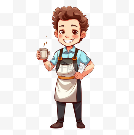 围裙卡通人物插图中的可爱男孩咖啡师图片