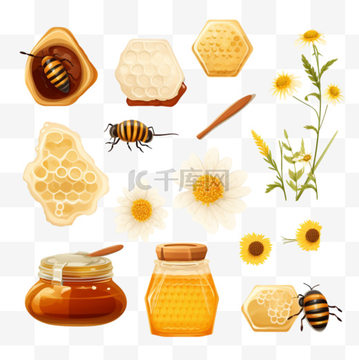 蜂蜜食品元素用雏菊蜂巢隔离矢量插图图片