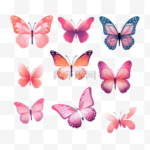 飞行蝴蝶贴纸，粉色渐变平面矢量动物插图套装图片