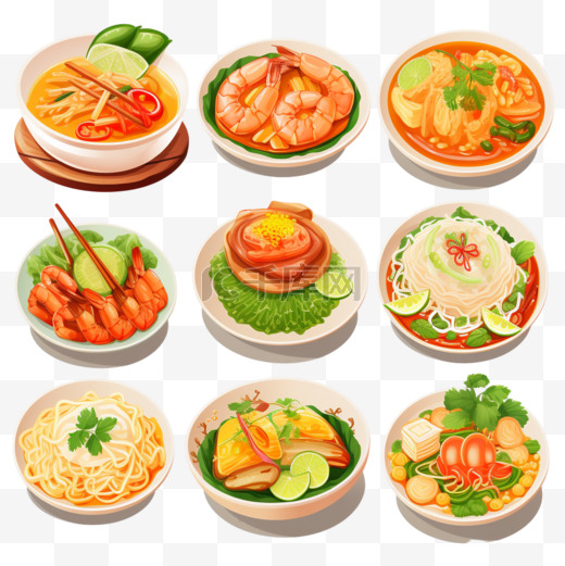 插图图标集泰国菜，包括泰餐，木瓜沙拉，汤山功，法式火锅，芒果糯米，烤猪肉，和泰国脆饼。与世隔绝的白人。图片