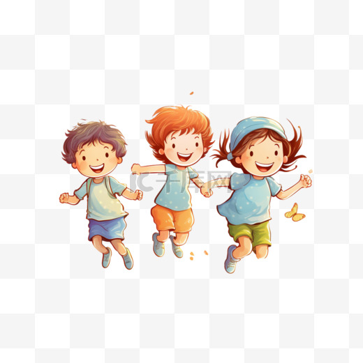 快乐的孩子们在夏日草地上跳跃图片