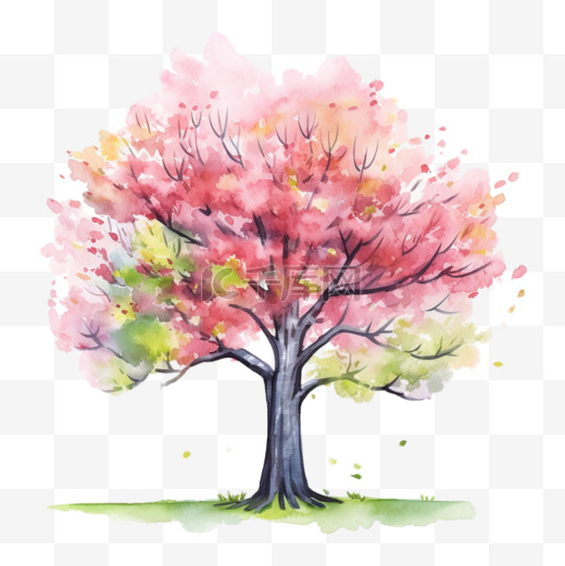 水彩风格春天粉色樱花大树免扣元素图片