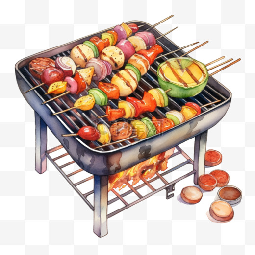 水彩风格果肉烤串烧烤烤炉烤架图片