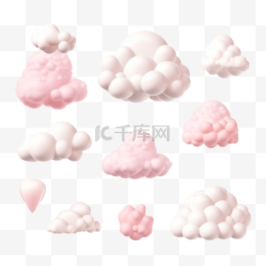 白色的3D真实感云层孤立地设置在粉色的粉色背景上。渲染柔软的圆形卡通蓬松的云朵图标。三维几何形状矢量插图图片