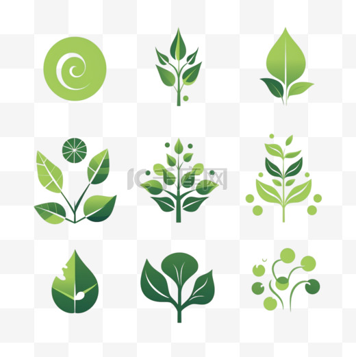 保留绿色图标集。不同的优雅造型幼树植物元素、凉茶徽章、树叶生态标志生物有机树叶标签景观环境矢量隔离剪影系列图片