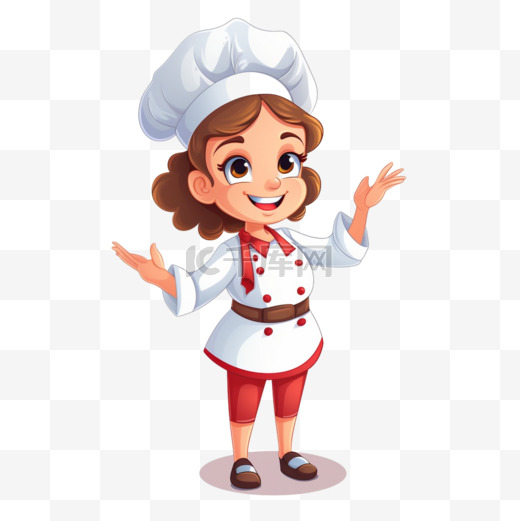 可爱的厨师女孩微笑在制服欢迎和邀请他的客人卡通艺术插图图片