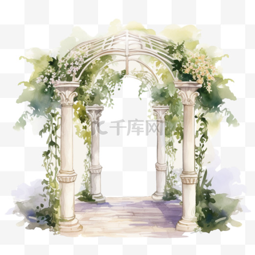 水彩风格婚礼鲜花美丽拱门免扣元素图片
