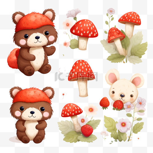 一套可爱的插图与一只熊猫蘑菇草莓云和花图片