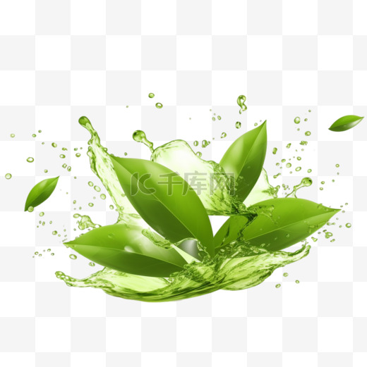 飞舞的绿茶和水滴图片