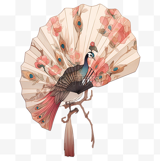 中国风凤凰折扇水彩插画图片
