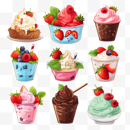 制作自己的冰淇淋的元素。巧克力、草莓、香草、薄荷冰淇淋配水果和浆果、饼干屑、撒上卡通插图。夏天，圣代概念图片