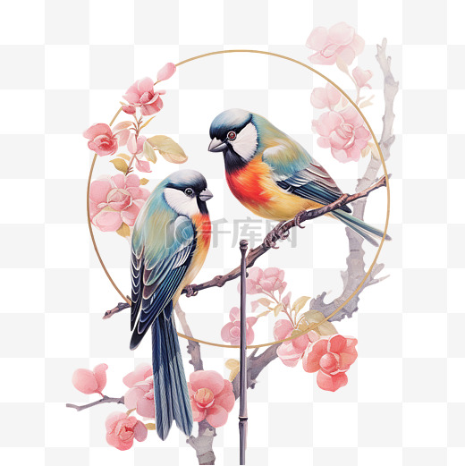 梅花枝头的两只喜鹊中国风插画图片