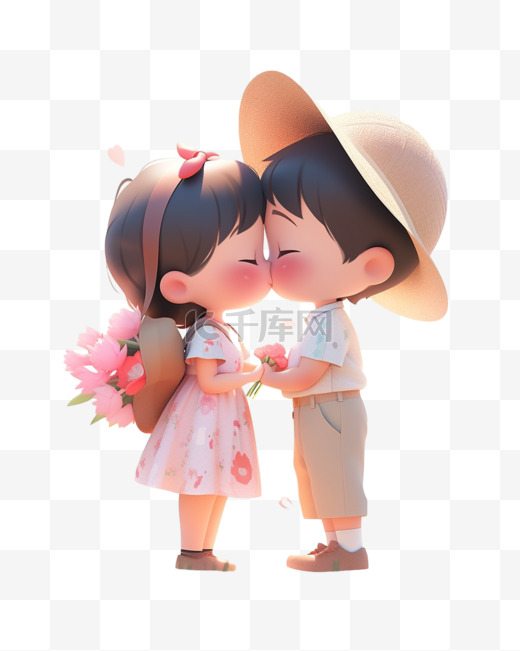 七夕节情人节3D卡通立体可爱的情侣接吻图片