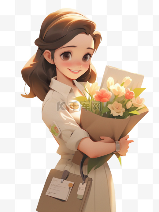 教师节捧花的女老师人物3D图片