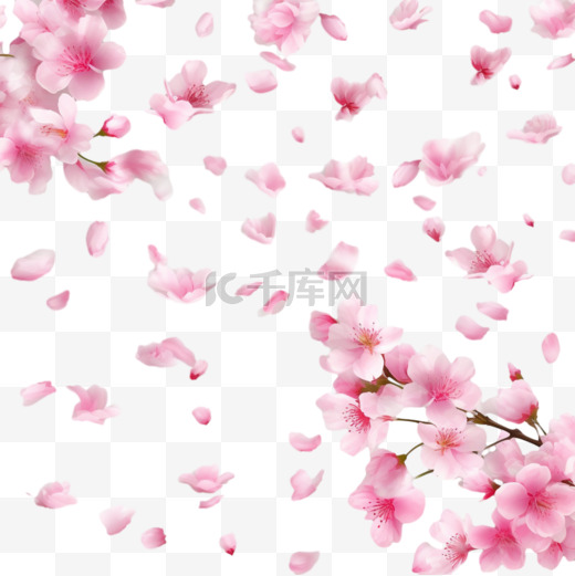 粉红色樱花飘落的花瓣矢量背景。逼真的春天设计，透明背景上有飞舞的樱花，用于纺织品设计、壁纸、包装、封面、横幅、传单、代金券图片