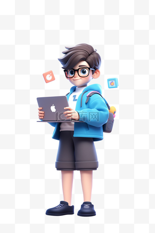 蓝衣服拿着电脑的男孩视觉落地效果3D人物图片