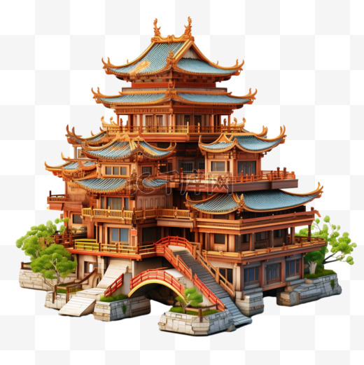 黄色中国古代建筑楼树木AI元素装饰图案图片