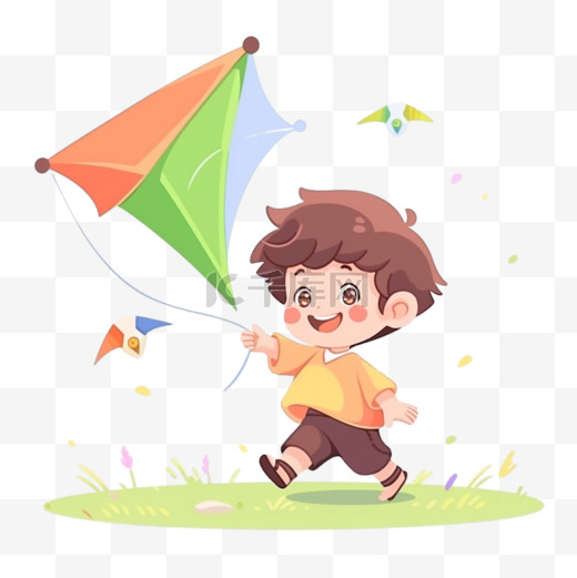 可爱孩子放风筝手绘卡通元素户外玩耍图片