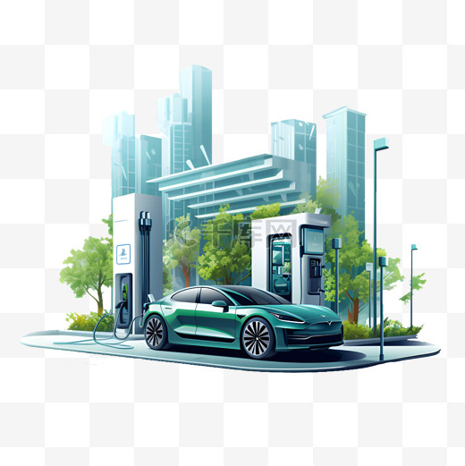 25D风格绿色新能源汽车充电桩元素图片