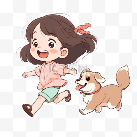 卡通小女孩宠物小狗手绘元素图片