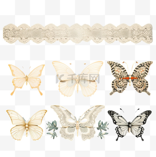蕾丝花边白色长条蝴蝶合集AI免扣装饰素材图片