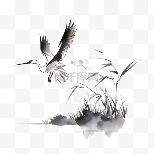 白露节气飞翔的白鹭水墨风元素图片