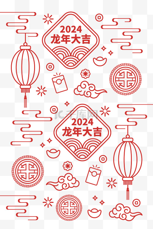 2024龙年新年春节中国风线描红色底纹图片