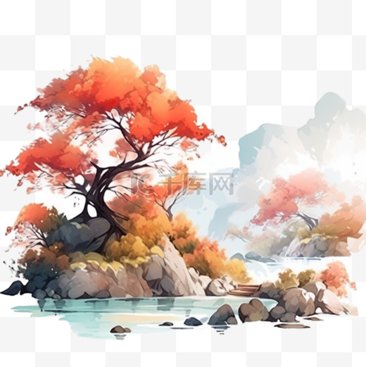 秋天树木山峰小溪风景手绘元素图片