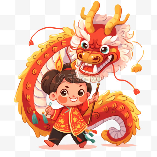 卡通手绘春节的小孩和中国龙14龙年舞龙图片