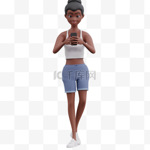 帅气步行黑人女性玩手机动作图片