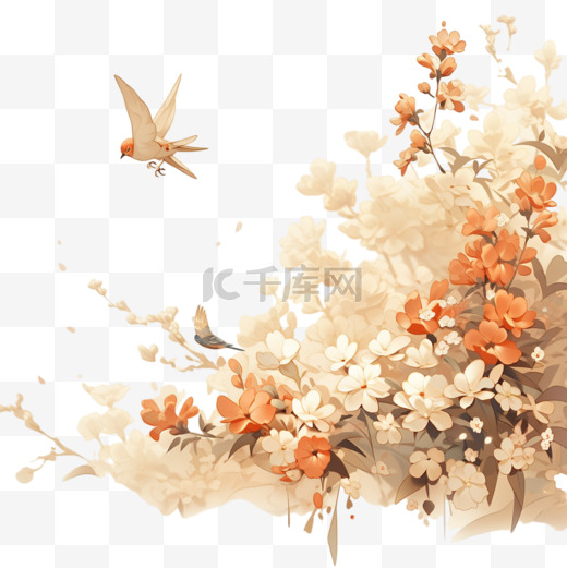 花朵花枝米黄色中国风古风免扣元素装饰素材图片