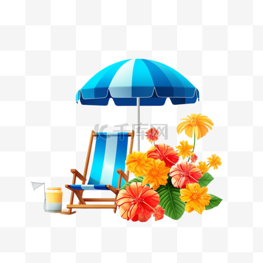 夏日领奖台展示沙花、沙滩伞、沙滩椅和沙滩球图片