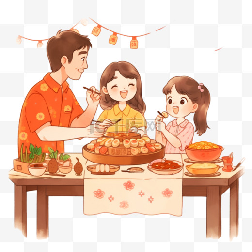 家人团圆聚餐手绘元素中秋节图片