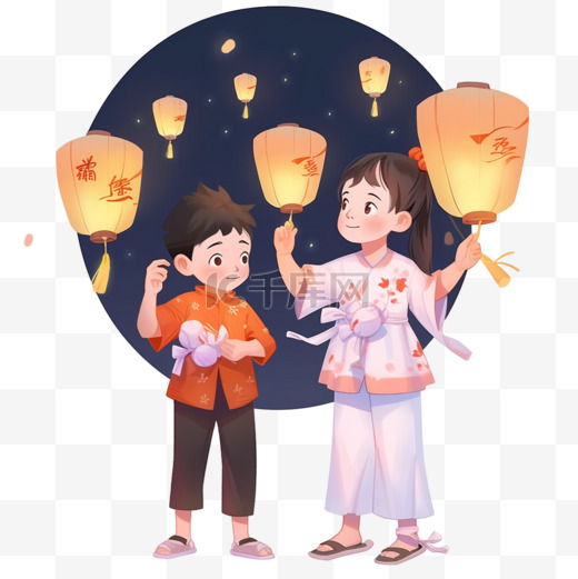 中元节可爱的孩子放孔明灯卡通手绘元素图片