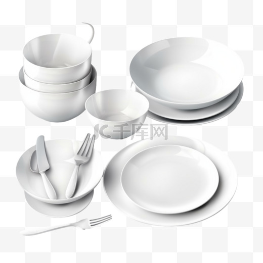 3D逼真瓷质餐具，白色玻璃餐具，适合不同的食物。图片