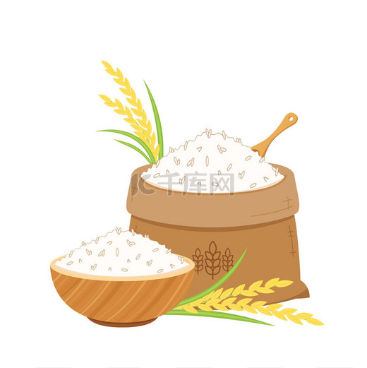 米袋卡通病媒。符号。稻田病媒。碗中的米饭.图片