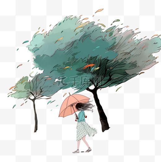 狂风中打伞的女孩手绘元素台风图片