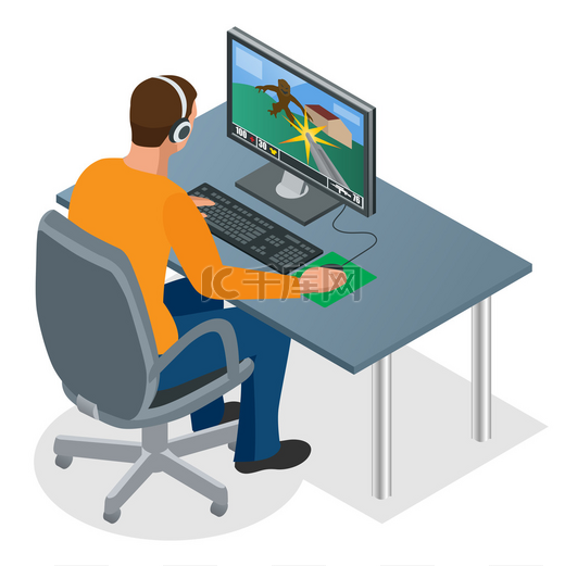 玩家在 pc 上玩。集中的小玩家在耳机和眼镜使用电脑玩游戏。男人看着笔记本电脑屏幕。平的 3d 等距矢量图图片