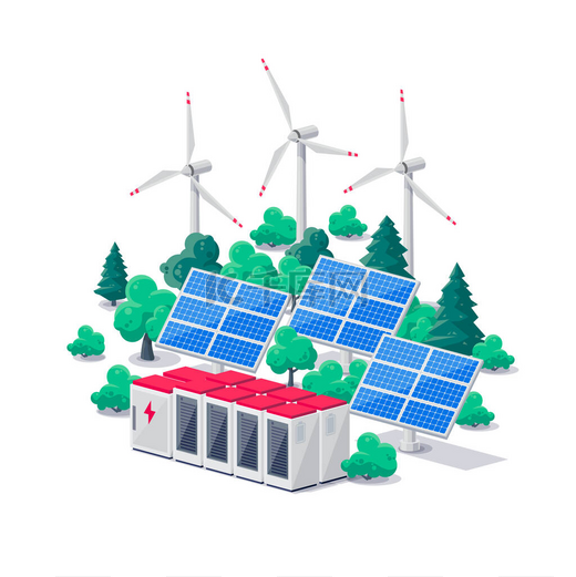 可再生能源电站智能电网系统.白光伏太阳能电池板、风力涡轮机和锂离子蓄电池离网备份的孤立矢量图解.图片