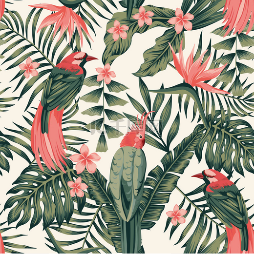 热带树叶, 花弗兰基帕尼, 鸟类的天堂, 鹦鹉抽象的颜色无缝逼真的矢量图像图片