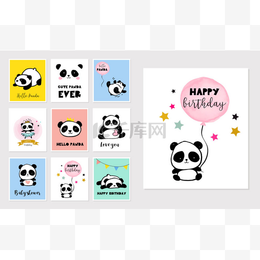 可爱的熊猫熊插图，多彩的简单样式集合的生日贺卡，海报图片