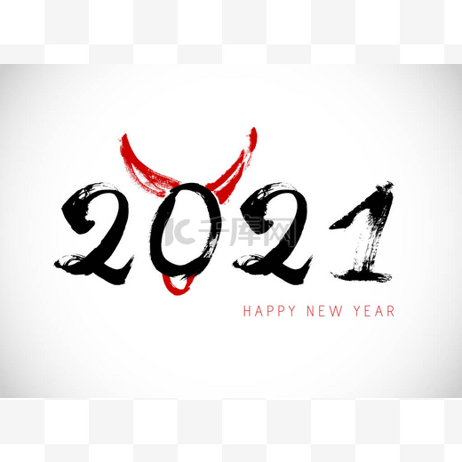 为2021年牛、牛、牛的新年设计中国书法卡片模板。2021年农历新年。黄道带上的贺卡、邀请函、海报、横幅、日历的标志图片